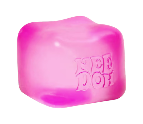 Needoh Nice Cube pink sensory squeeze toy with super solid squish calming fidget fun.