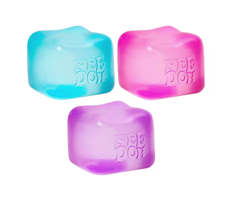 Needoh Nice Cube sensory squeeze toy three pack with super solid squish colors vary.